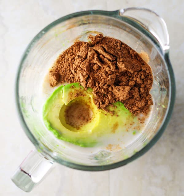 Chocolate Avocado Smoothie ingredients in a blender