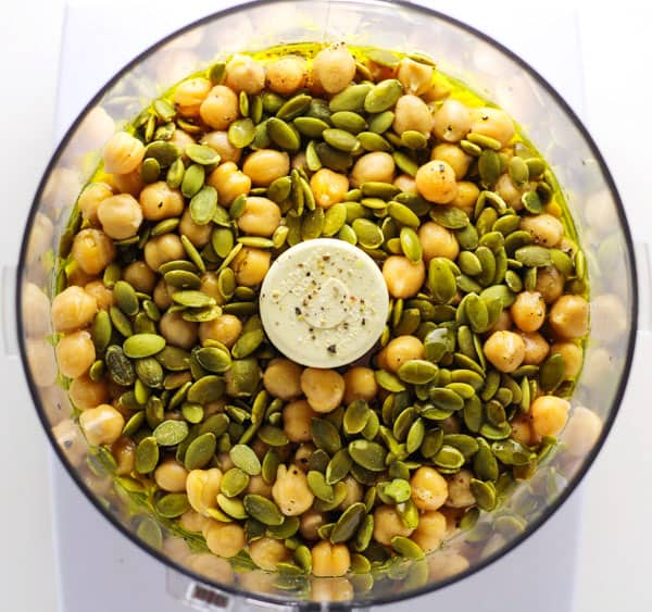 Pumpkin Seeds and chickpeas in a food processor