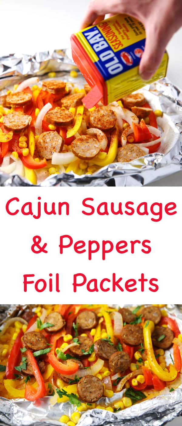 #ad Cajun Sausage and Peppers Foil Packets ~ Just add everything to a foil packet and bake or grill! | Tastefulventure.com made in partnership with Old Bay #IdOLDBAYThat