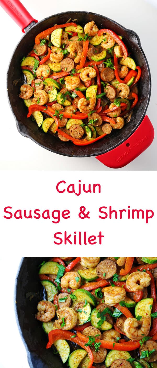 This Cajun Sausage and Shrimp Skillet meal is bursting with so much flavor! This easy meal comes together in 20 minutes using only 1 skillet! 