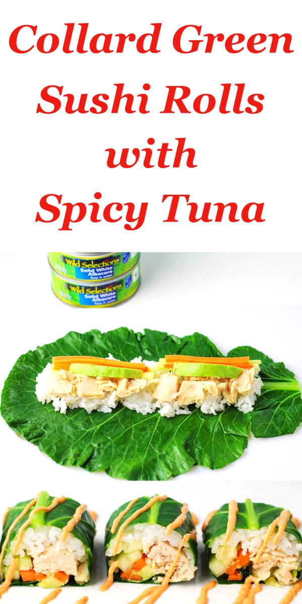 #ad Collard Green Sushi Rolls With Spicy Tuna ~ We put a new spin on Sushi by using Collard Greens as the wrap around the Rice, White Albacore Tuna, and Veggies! These are little bites of heaven! | Tastefulventure.com made in partnership with @wildselectionsseafood