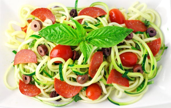 This Low Carb Italian Zucchini Pasta Salad is so delicious! This is the perfect gluten free way to enjoy a 'pasta' salad!