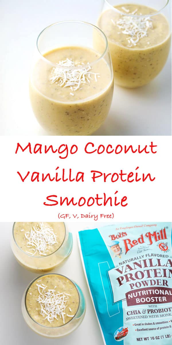 #ad This Mango Coconut Vanilla Protein Smoothie is packed full of protein! This is so smooth, creamy and delicious. Plus it's Gluten Free, Vegan, and Dairy Free! | Tastefulventure.com made in partnership with @Bob'sRedMill 