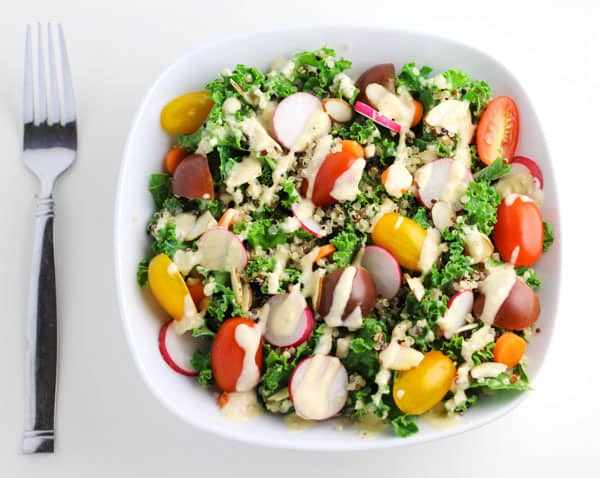 This Winter Kale Quinoa Salad with Lemon Tahini Dressing is so hearty and healthy!