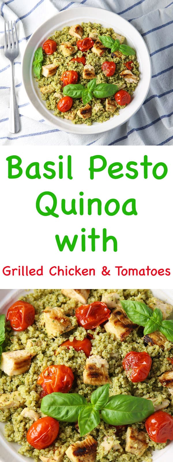 This Basil Pesto Quinoa with Grilled Chicken and Tomatoes is easy to make, healthy, and full of flavor! You can serve this warm or cold, so it's perfect for any time of year!