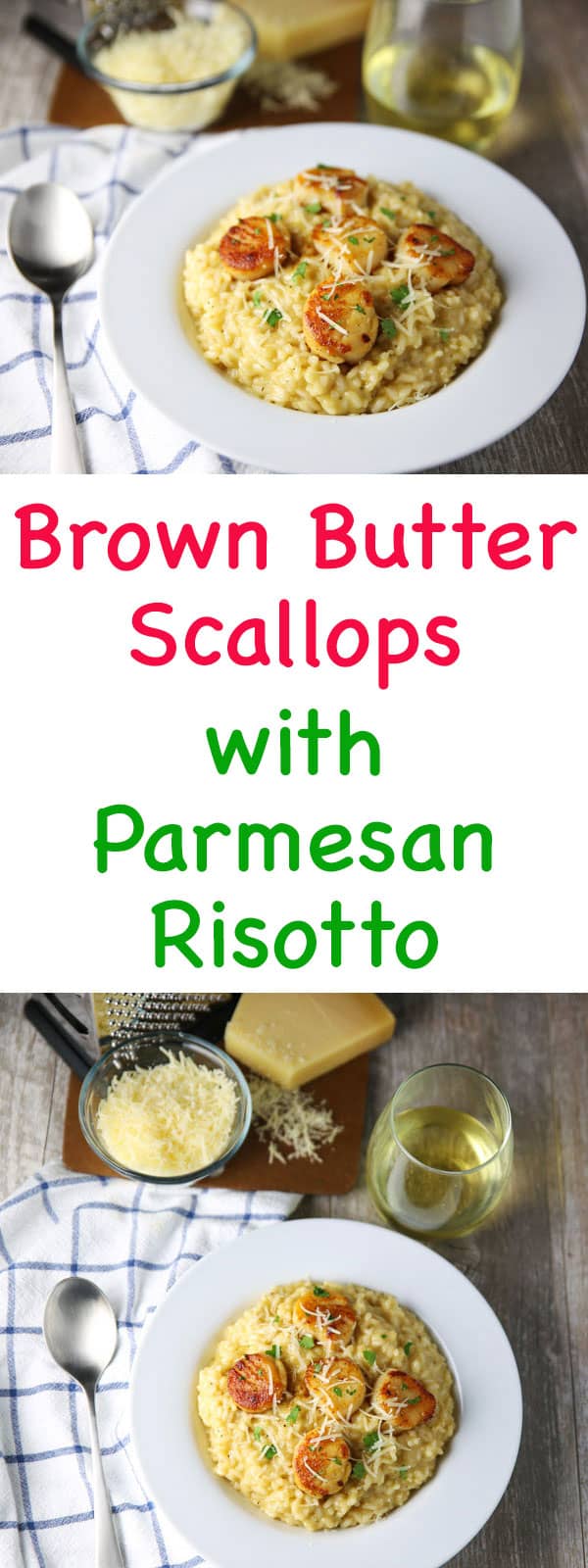 These Brown Butter Scallops with Parmesan Risotto dish are so luscious, creamy, and totally satisfying! Perfect for a date night at home!