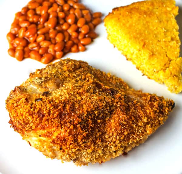 Gluten Free Oven Fried Jerk Chicken with beans and cornbread