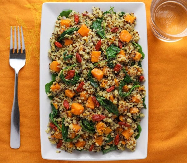 Warm Quinoa Sweet Potato Kale Salad with Goji Berries