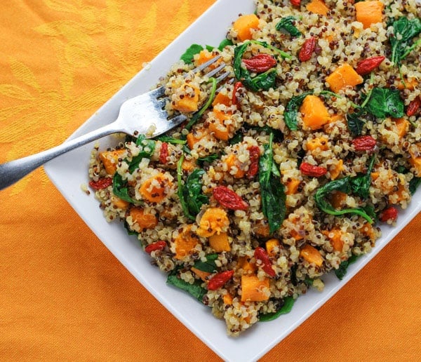 Warm Quinoa Sweet Potato Kale Salad with Goji Berries