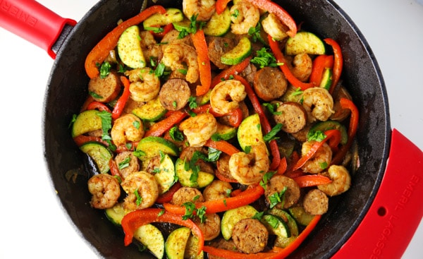 This Cajun Sausage and Shrimp Skillet meal is bursting with so much flavor! This easy meal comes together in 20 minutes using only 1 skillet! 
