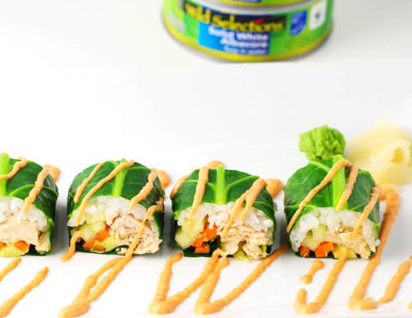 #ad Collard Green Sushi Rolls With Spicy Tuna ~ We put a new spin on Sushi by using Collard Greens as the wrap around the Rice, White Albacore Tuna, and Veggies! These are little bites of heaven! | Tastefulventure.com made in partnership with @wildselectionsseafood