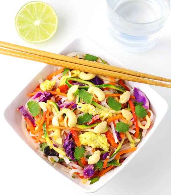 Easy Vegetarian Pad Thai that can be made in less than 30 minutes (including prep), and is way better than take-out! 