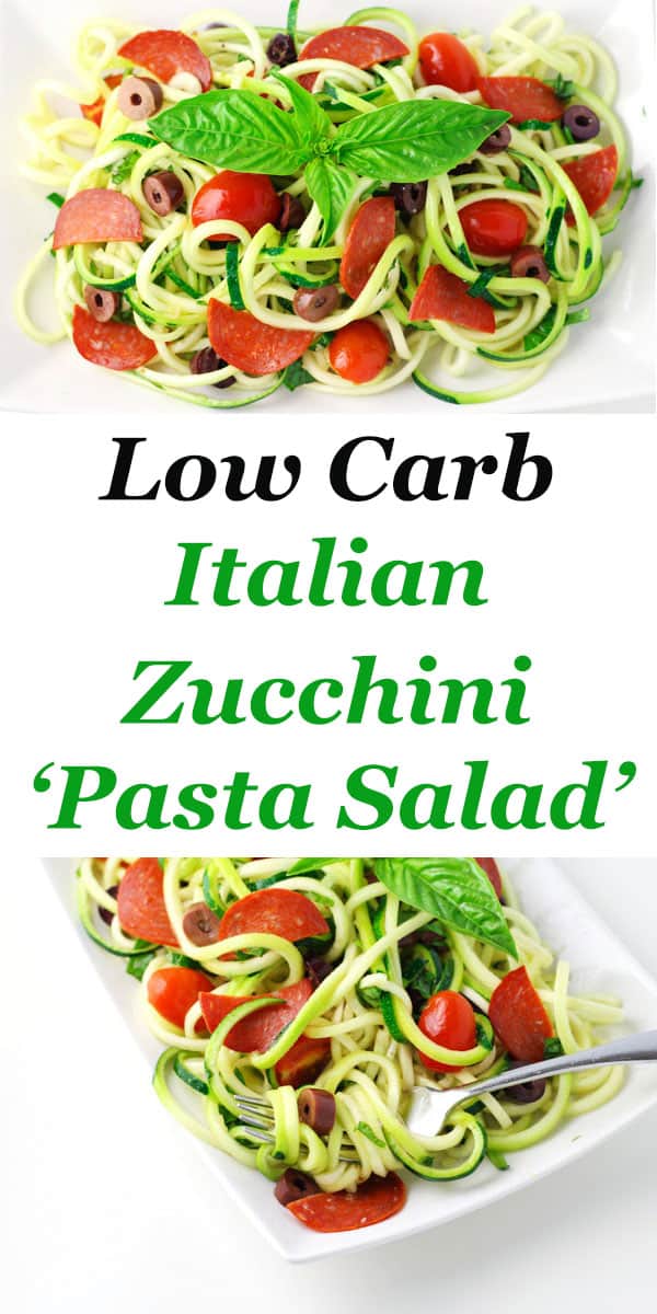 This Low Carb Italian Zucchini Pasta Salad is so delicious! This is the perfect gluten free way to enjoy a 'pasta' salad!