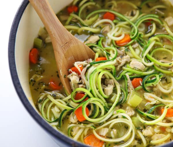 This Healthy Turkey Zoodle Soup can be made in less than 20 minutes and is so flavorful! We used Zucchini to replace the noodles with for a Low Carb/Gluten Free soup!