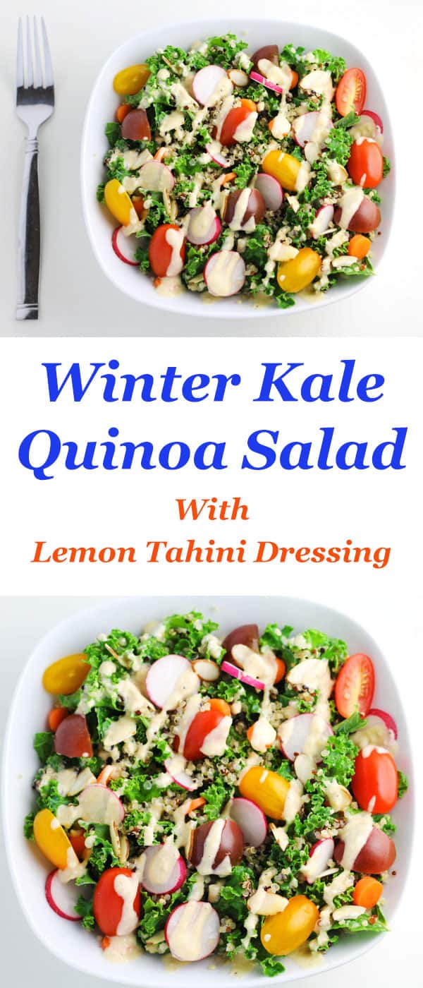 This Winter Kale Quinoa Salad with Lemon Tahini Dressing is so hearty and healthy!