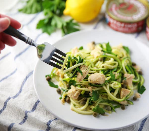 Spiralized Zucchini with Tuna Lemon Parsley and Capers