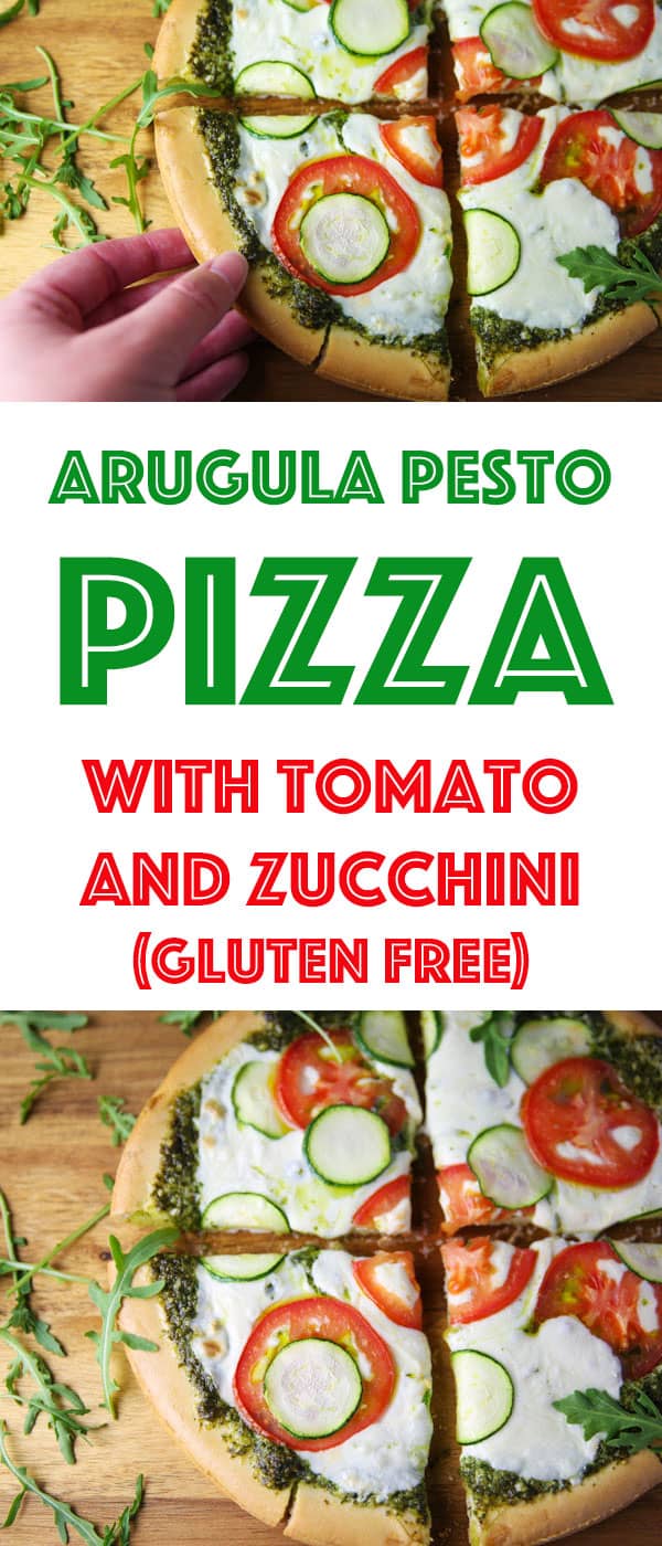 This Arugula Pesto Pizza with Tomato and Zucchini is so light, refreshing, and loaded with flavor! (Gluten Free)