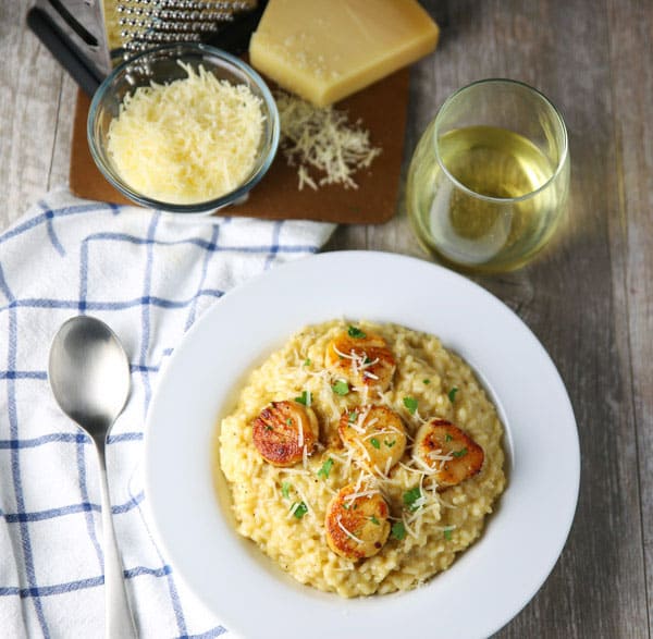 These Brown Butter Scallops with Parmesan Risotto dish are so luscious, creamy, and totally satisfying! Perfect for a date night at home!