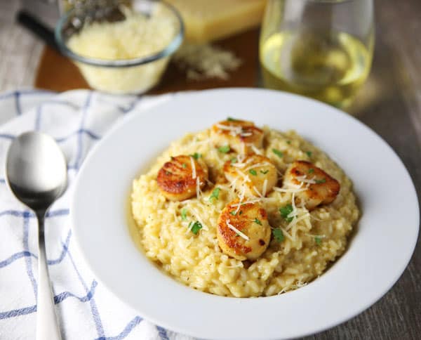 These Brown Butter Scallops with Parmesan Risotto dish are so luscious, creamy, and totally satisfying! Perfect for a date night at home!