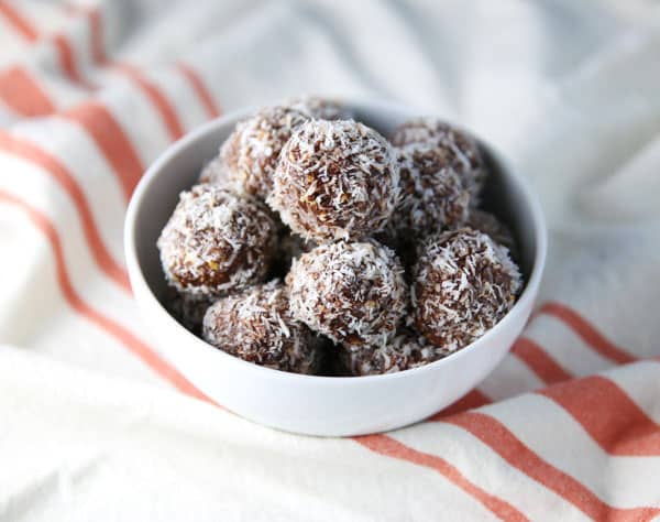 Coconut Cashew Date Balls in a bowl