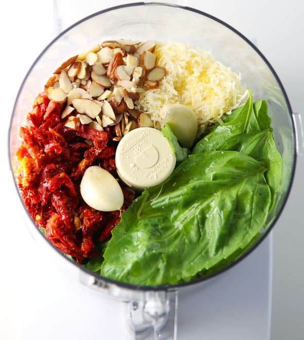 Ingredients for Sun-Dried Tomato Pesto in a food processor