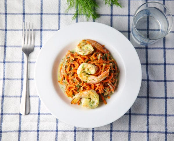 Spiralized Carrots with Shrimp in a Coconut Lemon Dill Sauce 