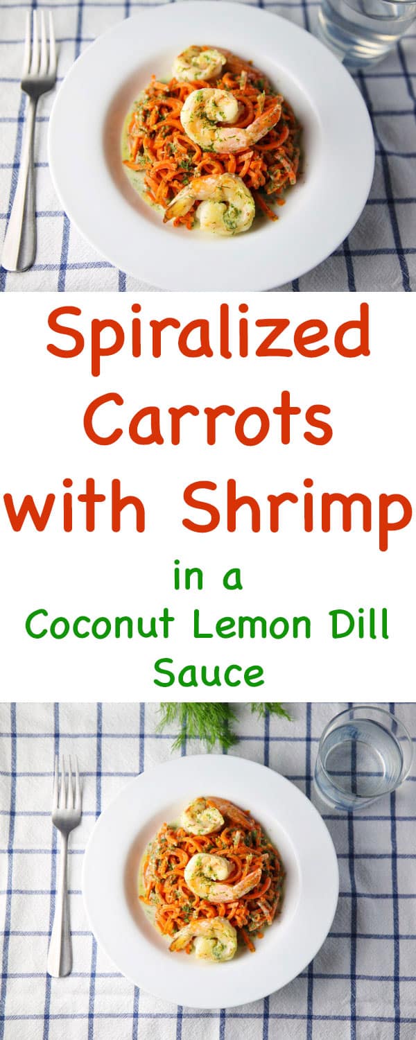 Spiralized Carrots with Shrimp in a Coconut Lemon Dill Sauce in a bowl