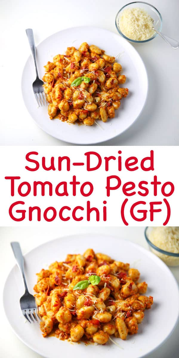 This Sun-Dried Tomato Pesto Gnocchi (Gluten Free) can be made in less than 10 minutes and is so delicious! Perfect for those busy week nights!