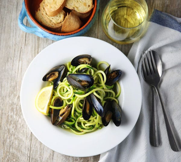 These White Wine Mussels with Zucchini Noodles are so tasty, healthy, and a great gluten free alternative to regular pasta!