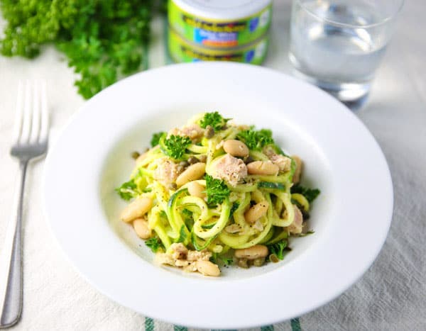 Zucchini Noodles with Tuna and Cannellini Beans in a bowl