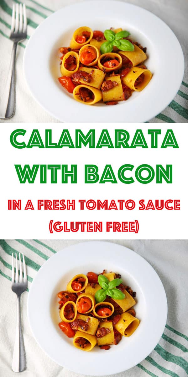 This Calamarata with Bacon in a fresh Tomato Sauce (Gluten Free) comes together in less than 15 minutes and is so delicious! It tastes just like a BLT!
