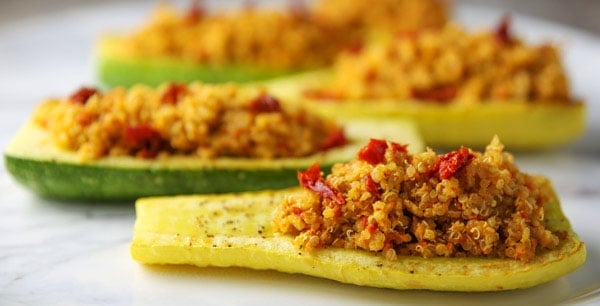 Sun-Dried Tomato Pesto Quinoa with Roasted Zucchini - This is so light, refreshing, and loaded with flavor! Perfect as a meal or a side dish!