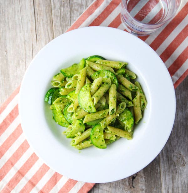 This Arugula Pesto Penne with Sautéed Zucchini can be made in about 10 minutes, making this perfect for those busy weeknights! This is such a light and savory pasta dish!