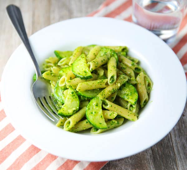 This Arugula Pesto Penne with Sautéed Zucchini can be made in about 10 minutes, making this perfect for those busy weeknights! This is such a light and savory pasta dish!