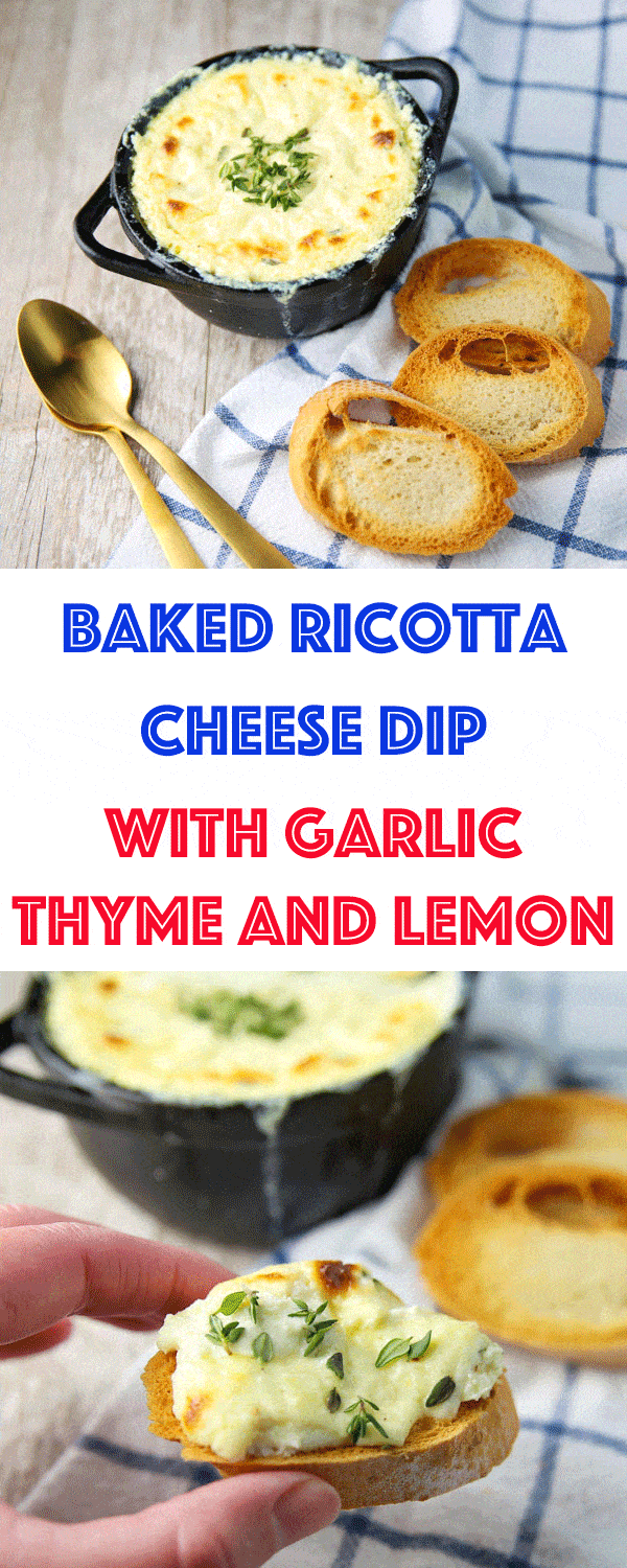 This Baked Ricotta Cheese Dip with Garlic Thyme and Lemon is THE BEST party dip ever! So cheesy, warm, and savory!