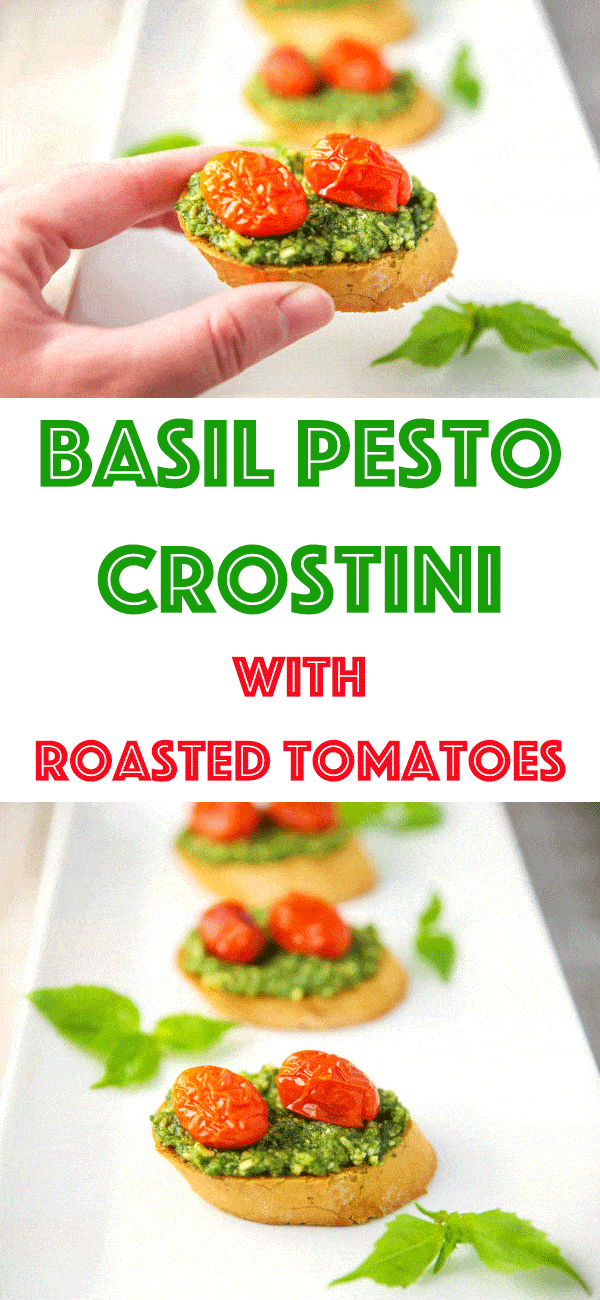 These Basil Pesto Crostini with Roasted Tomatoes are such an easy appetizer to make and a crowd favorite!