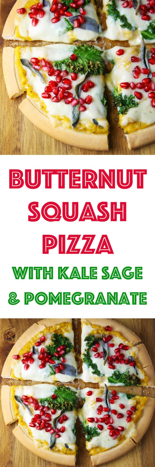 This Butternut Squash Pizza with Kale Sage and Pomegranate is so cheesy, savory, and 100% Delicious! #glutenfree