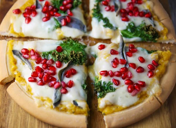 This Butternut Squash Pizza with Kale Sage and Pomegranate is so cheesy, savory, and 100% Delicious! #glutenfree