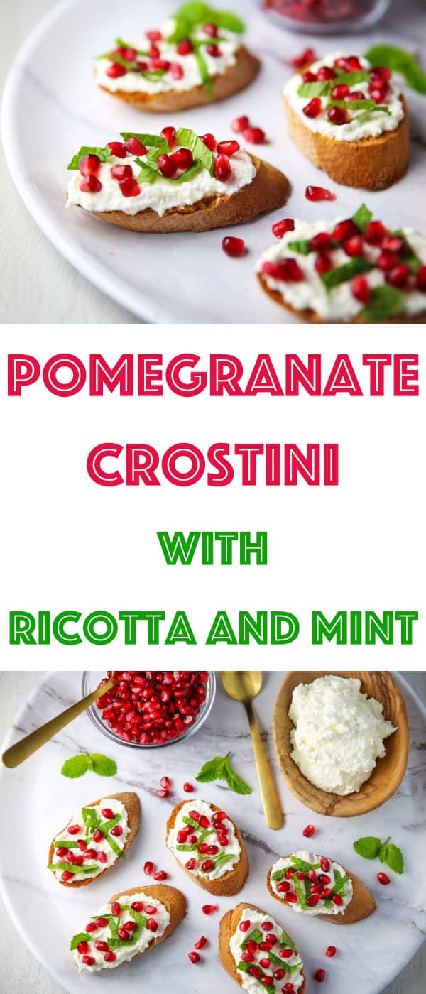 This Pomegranate Crostini with Ricotta and Mint will be your new favorite appetizer! It's super easy to make for any last minutes guests, and is sure to wow a crowd!