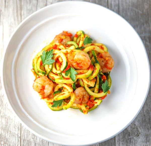 These Sautéed Shrimp with Zucchini Noodles in a Roasted Red Pepper Sauce are a healthier alternative to pasta and incredibly delicious!