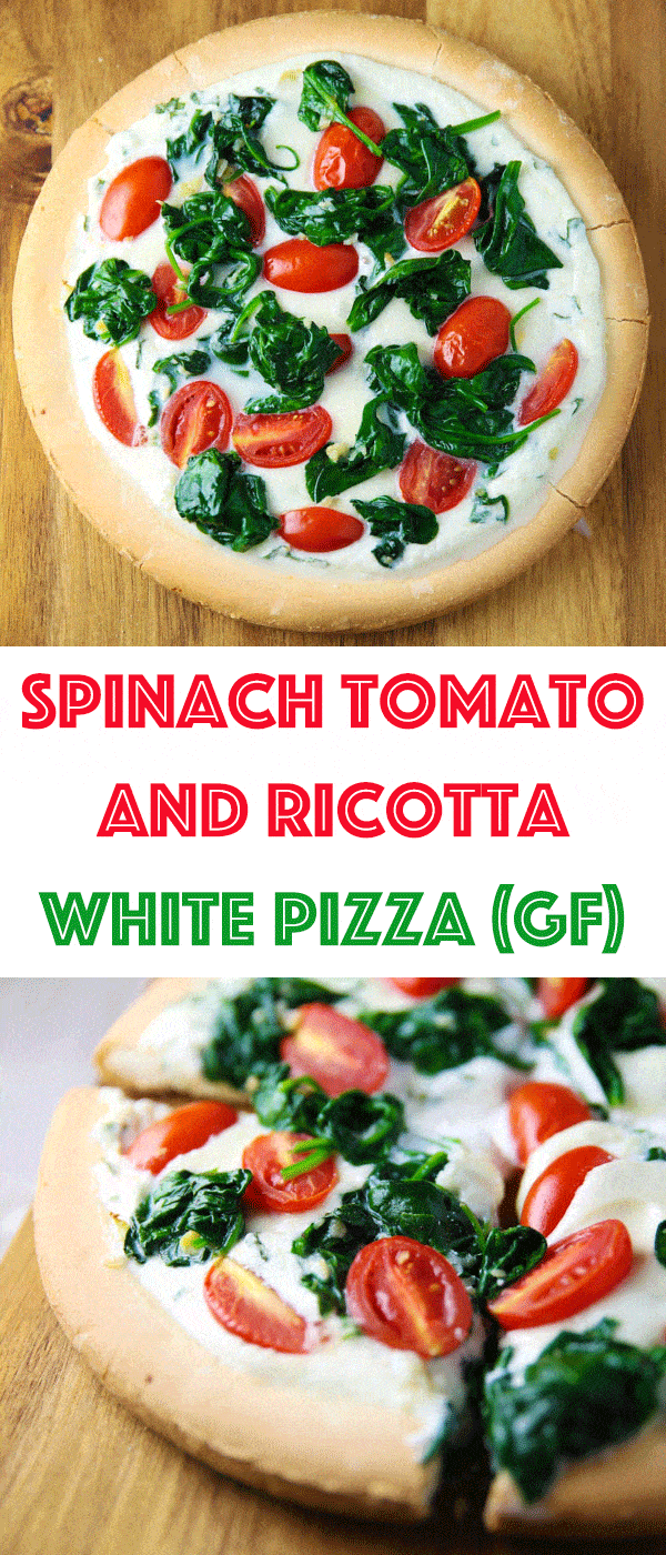 This Spinach Tomato and Ricotta White Pizza is loaded with flavor, this will seriously be your new favorite pizza! #glutenfree
