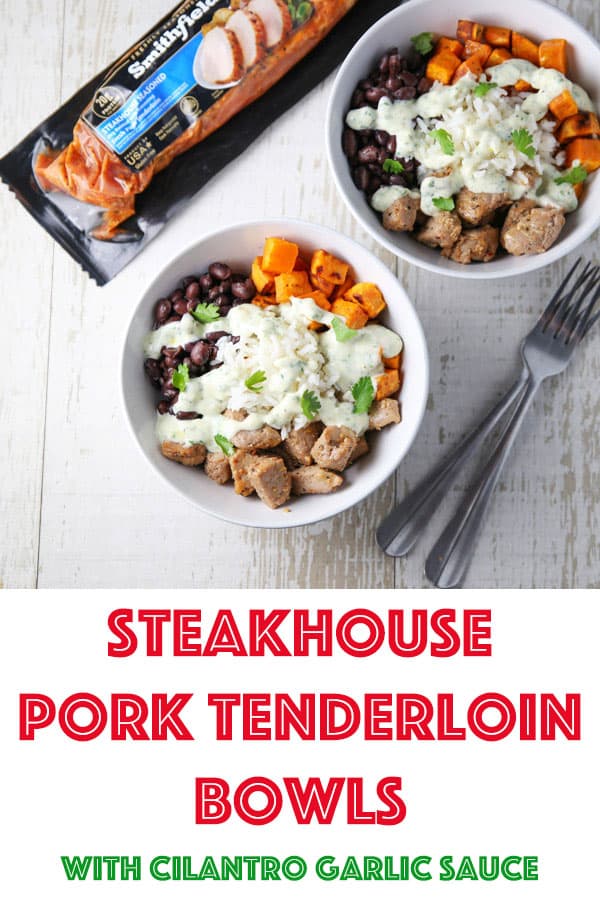 These Steakhouse Pork Tenderloin Bowls with Cilantro Garlic Sauce can be made in about 30 minutes making it perfect for those busy weeknights! | Tastefulventure.com in partnership with @walmart @smithfieldbrand #ad #SmithfieldFast #RealFlavorRealFast #dinner #recipes #pork