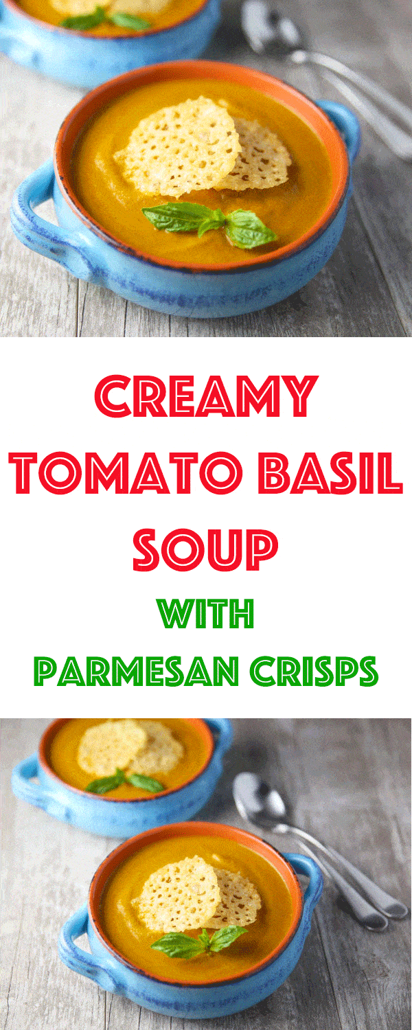 This Creamy Tomato Basil Soup with Parmesan Crisps is made with simple fresh ingredients. This soup is hearty, healthy, and so velvety!