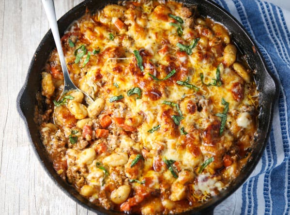 This Easy Gnocchi Bolognese Bake is so cheesy, hearty, and savory! Definitely a crowd favorite! (Gluten Free)