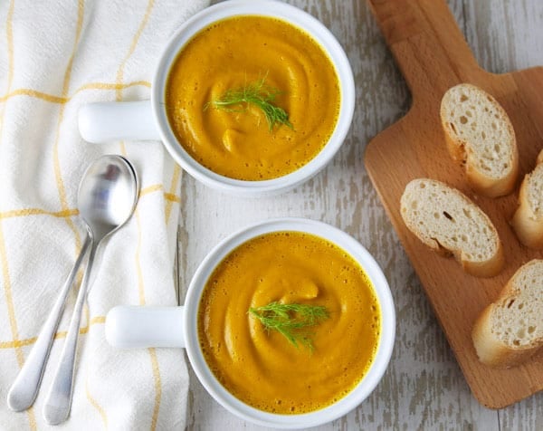 This Fennel and Carrot Soup is velvety, spicy, savory, and can be made in about 30 minutes! #soup #vegetarian, vegan, #glutenfree #fennel #carrots #healthyrecipes