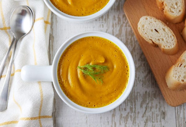 This Fennel and Carrot Soup is velvety, spicy, savory, and can be made in about 30 minutes! #soup #vegetarian, vegan, #glutenfree #fennel #carrots #healthyrecipes