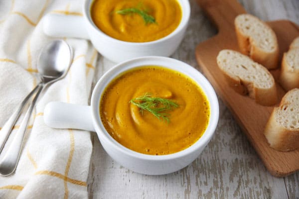 This Fennel and Carrot Soup is velvety, spicy, savory, and can be made in about 30 minutes! #soup #vegetarian, vegan, #glutenfree #fennel #carrots #healthyrecipes