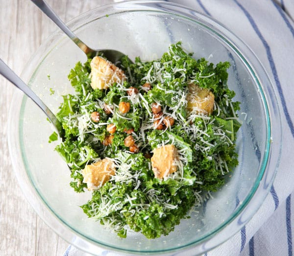This Kale Caesar Salad with Spicy Roasted Chickpeas is super easy to make and is INSANELY delicious!