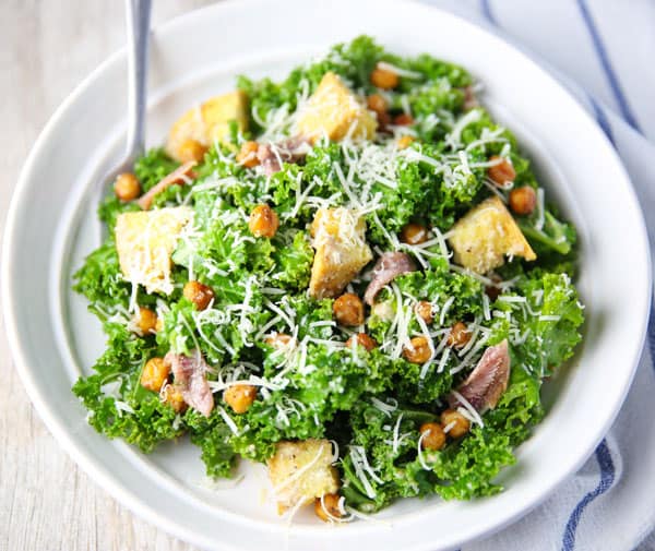 Kale Caesar Salad with Spicy Roasted Chickpeas