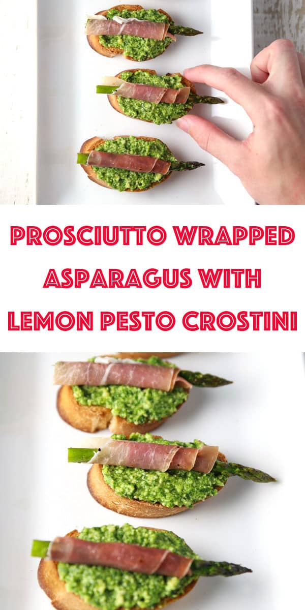 These Prosciutto Wrapped Asparagus with Lemon Pesto Crostini are a great appetizer to throw together at the last minute. This is a hit at every party! #appetizer #glutenfree #prosciutto #asparagus #easyrecipes